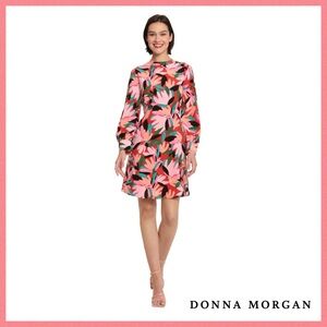 Donna Morgan Women's Long Sleeve Mock Neck Floral Printed Fit and Flare Dress